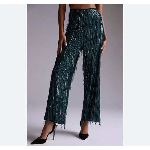 MAEVE Fringed Sequin Pants Size 0 Green NEW Anthropologie Party Holiday Sparkle - Picture 1 of 11